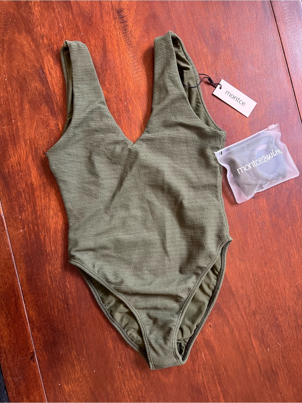 Montce Swim Olive Micro Scrunch Kim One-Piece Swimsuit Small NWT $198